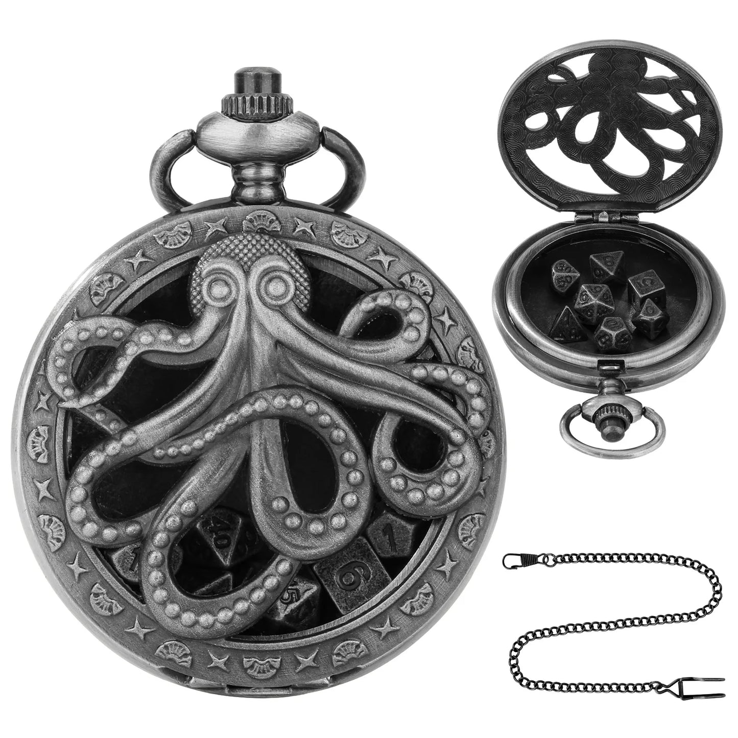 Octopus Metal Dice Case Vintage Cthulhu Pocket Watch DND Dice One Eyed Octopus Pocket Watch Box Dice for Role Playing Games