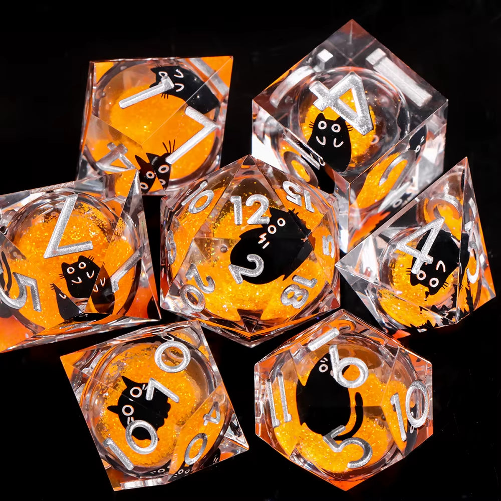 Galactic Cat Dice Set Liquid Core Sharp Edge Resin D&D Dice - نرد دي اند دي
