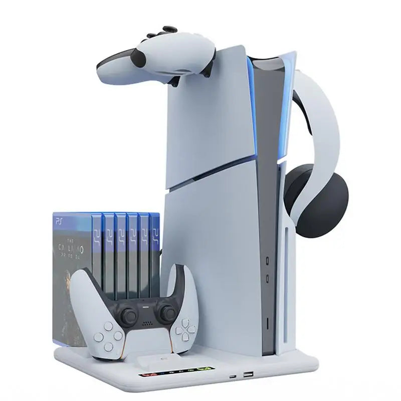 PS5 Slim Vertical Stand with Controller Charging Dock and Cooling Fan - Essential Accessory for PlayStation 5 Console - حامل عمودي لجهاز بلايستيشن 5 مع قاعدة شحن يد التحكم ومروحة تبريد