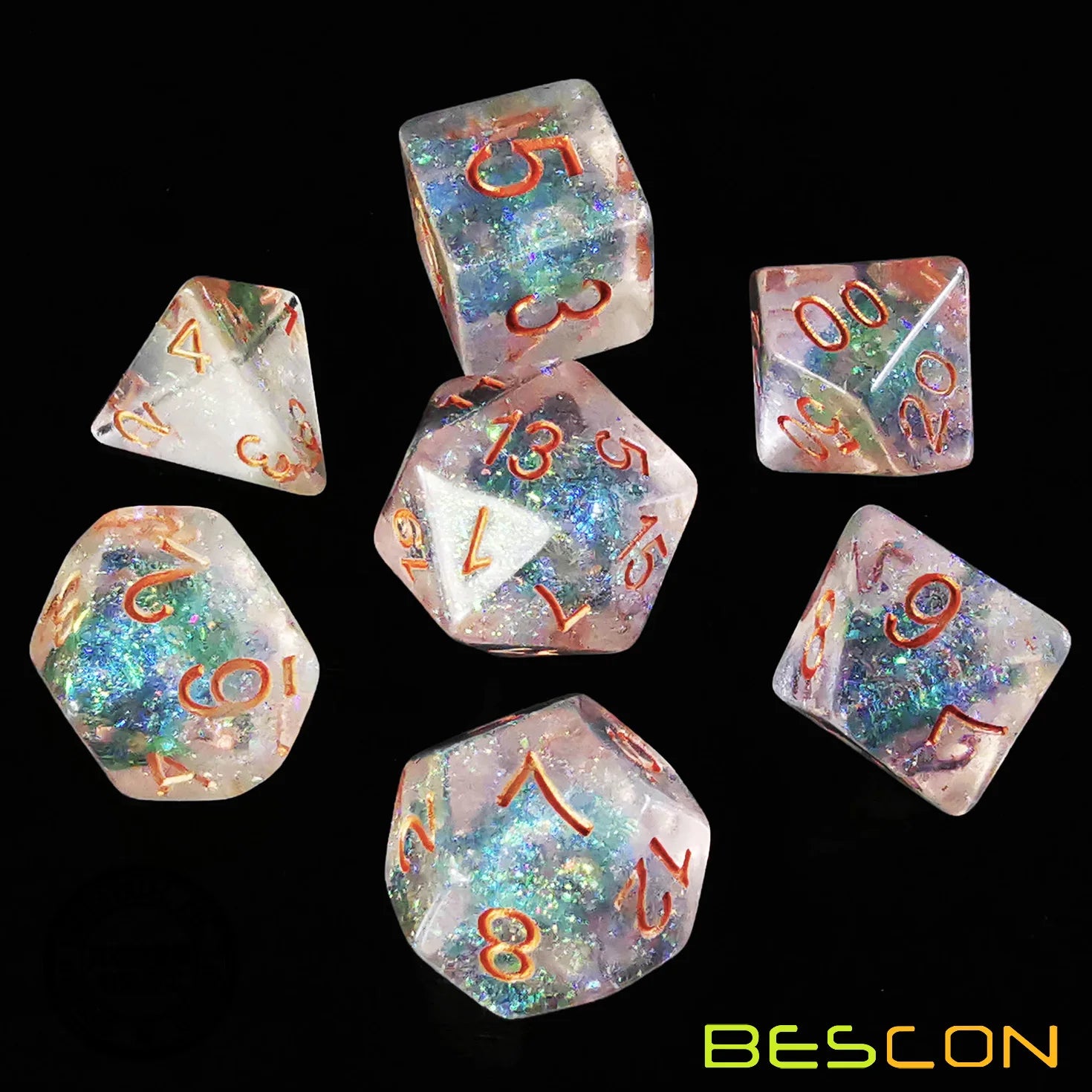 Bescon Shimmery Dice Set Bronze-Golden, RPG 7-Dice Set in Brick Box
