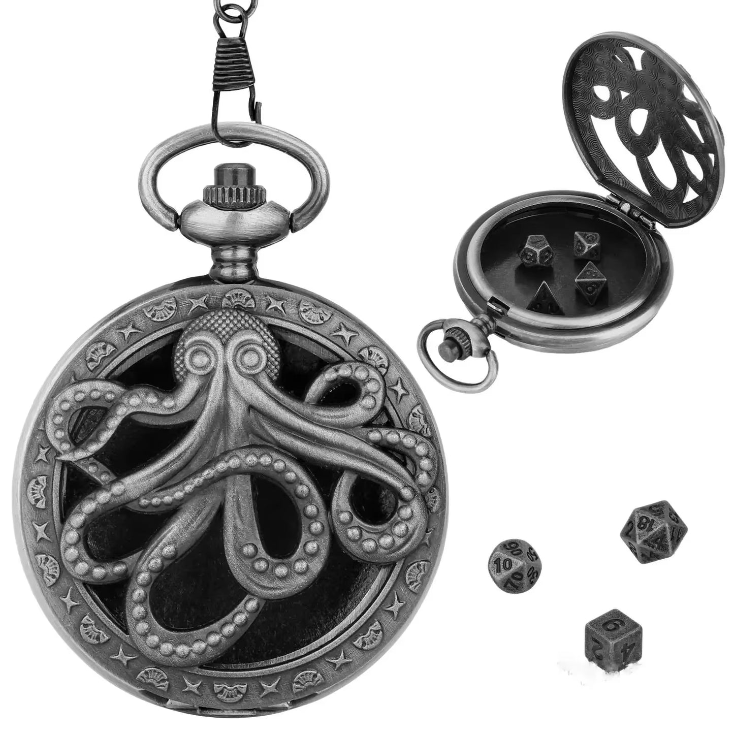 Dragon Pocket Watch Case with 7 Metal Polyhedral Dice - Retro Flip Dinosaur Jewelry Case for DND Adventures
