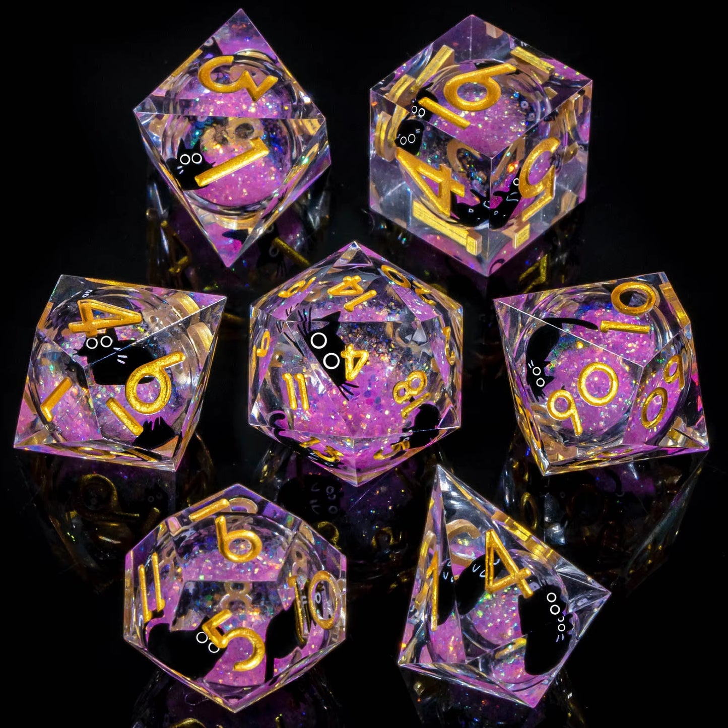 DND Cat Dice Set, Sharp Edge Resin Liquid Core Dungeon and Dragon Dice Set, RPG Role Playing D and D Dice D20 D12 D10 D8 D6 D4