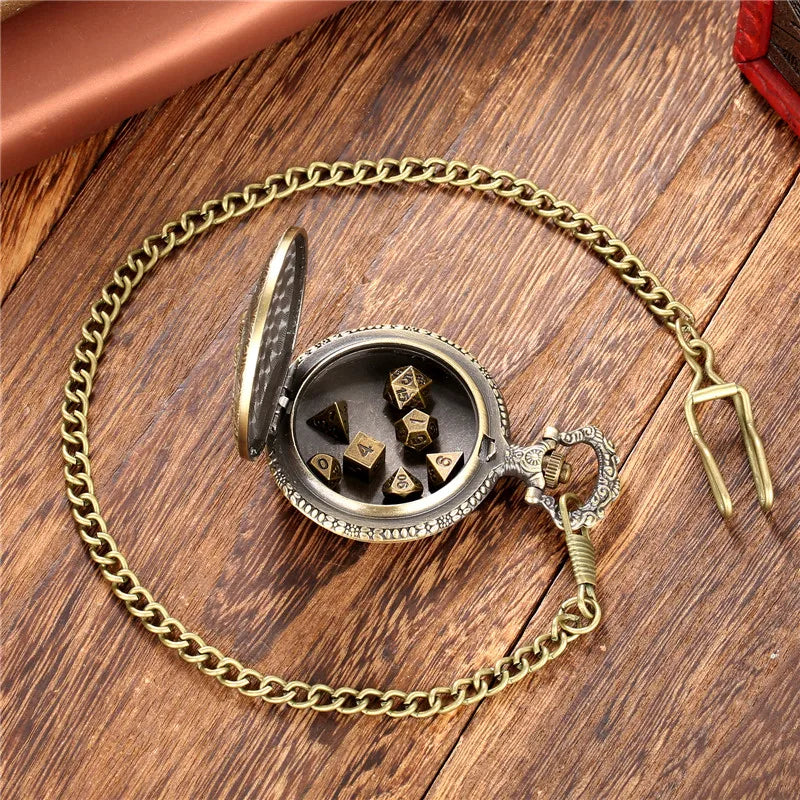 Steampunk Warlock Mini DND Dice Set - 7Pcs Polyhedral Metal Dice with Pocket Watch Shell Case for Dungeons & Dragons