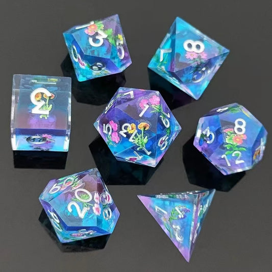Enchanting D&D Flower Resin Dice Set - 7PCS Polyhedral Dice for RPG Gamers and Collectors - نرد 7 قطع على شكل ورود