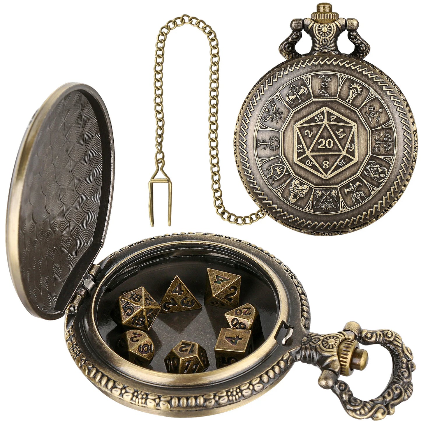 Steampunk Warlock Mini DND Dice Set - 7Pcs Polyhedral Metal Dice with Pocket Watch Shell Case for Dungeons & Dragons