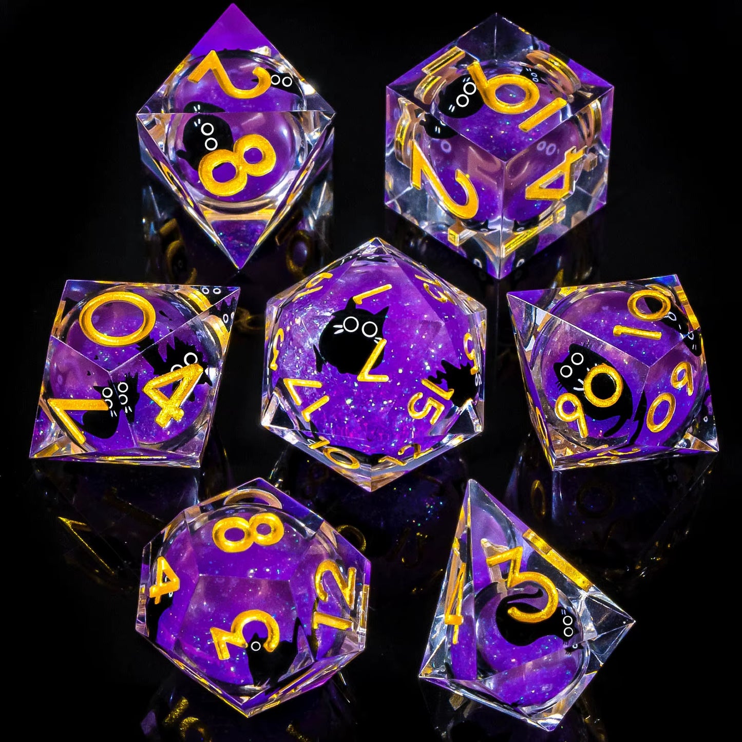 DND Cat Dice Set, Sharp Edge Resin Liquid Core Dungeon and Dragon Dice Set, RPG Role Playing D and D Dice D20 D12 D10 D8 D6 D4