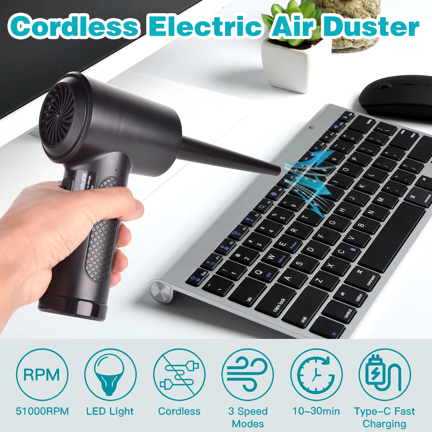 High-Performance Cordless Air Duster for Computer Cleaning - 51000RPM with LED Light for Keyboards and Electronics