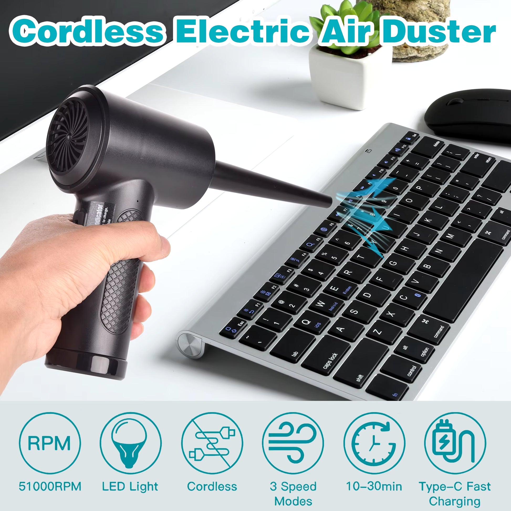 High-Performance Cordless Air Duster for Computer Cleaning - 51000RPM with LED Light for Keyboards and Electronics
