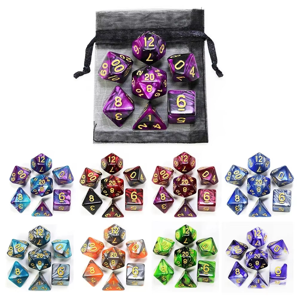 Vibrant D&D Dice Set - 9 Unique Styles with Carry Bag for RPG & TRPG Adventures - مجموعة نرد دي اند دي مع حقيبتها