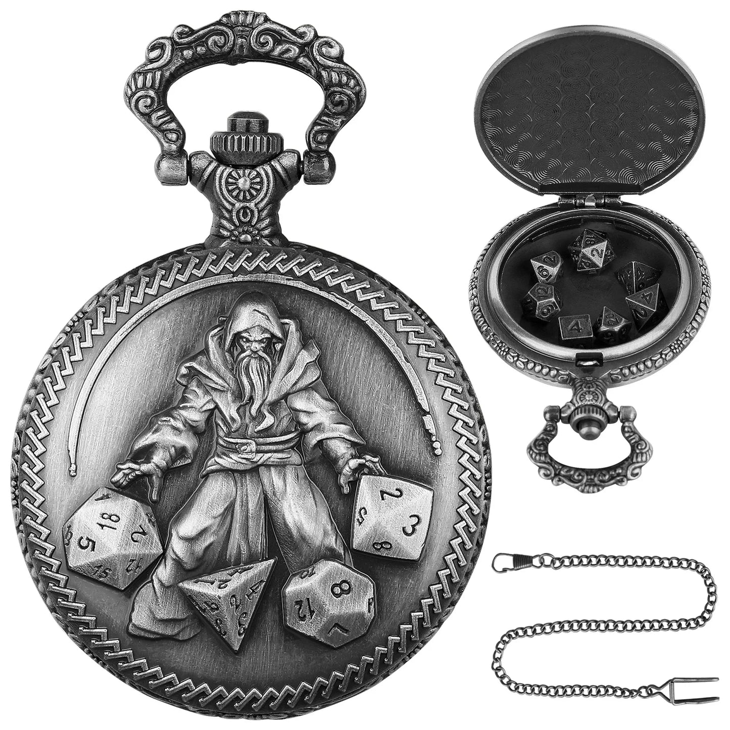 Steampunk Warlock Mini DND Dice Set - 7Pcs Polyhedral Metal Dice with Pocket Watch Shell Case for Dungeons & Dragons