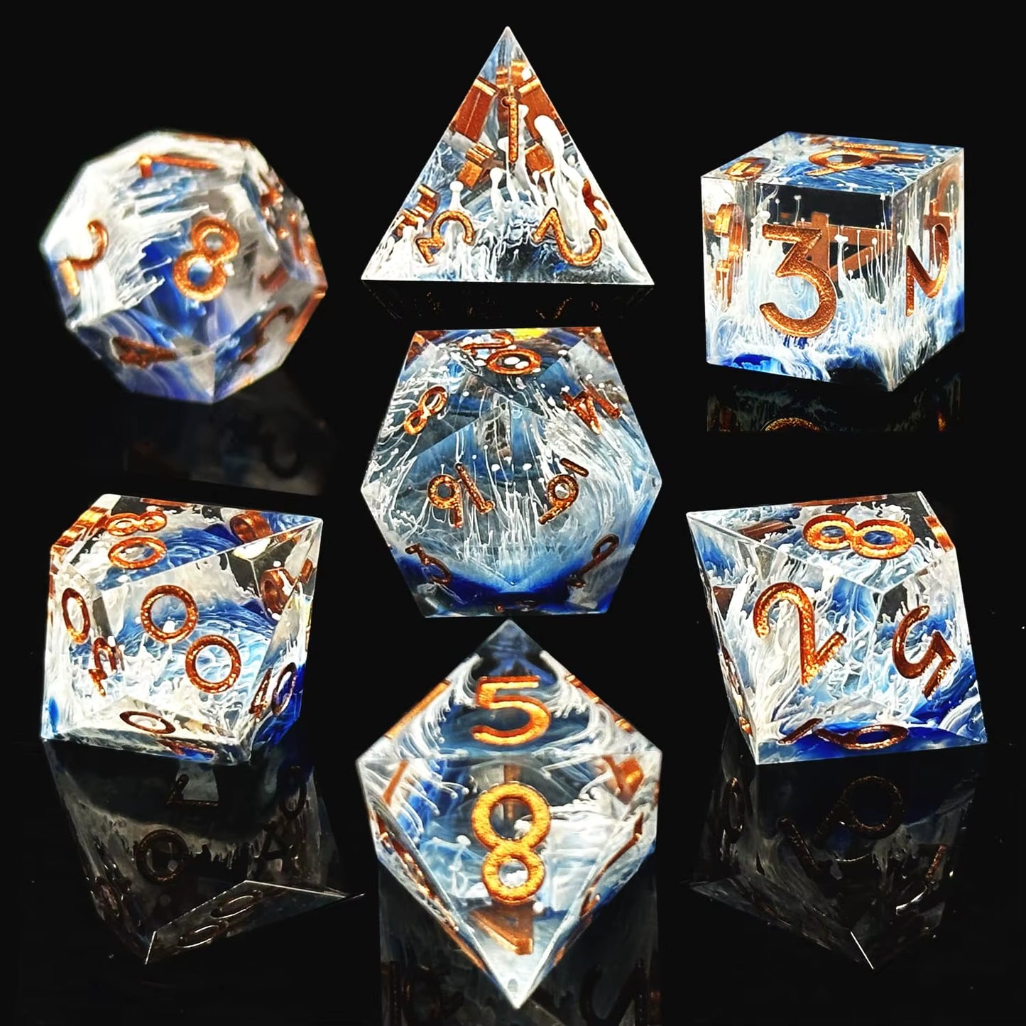 7Pcs Semi-Transparent Handmade Resin Polyhedral Dice Set for Dnd, RPG Board Games - Includes D20, D12, D10, D8, D6, D4