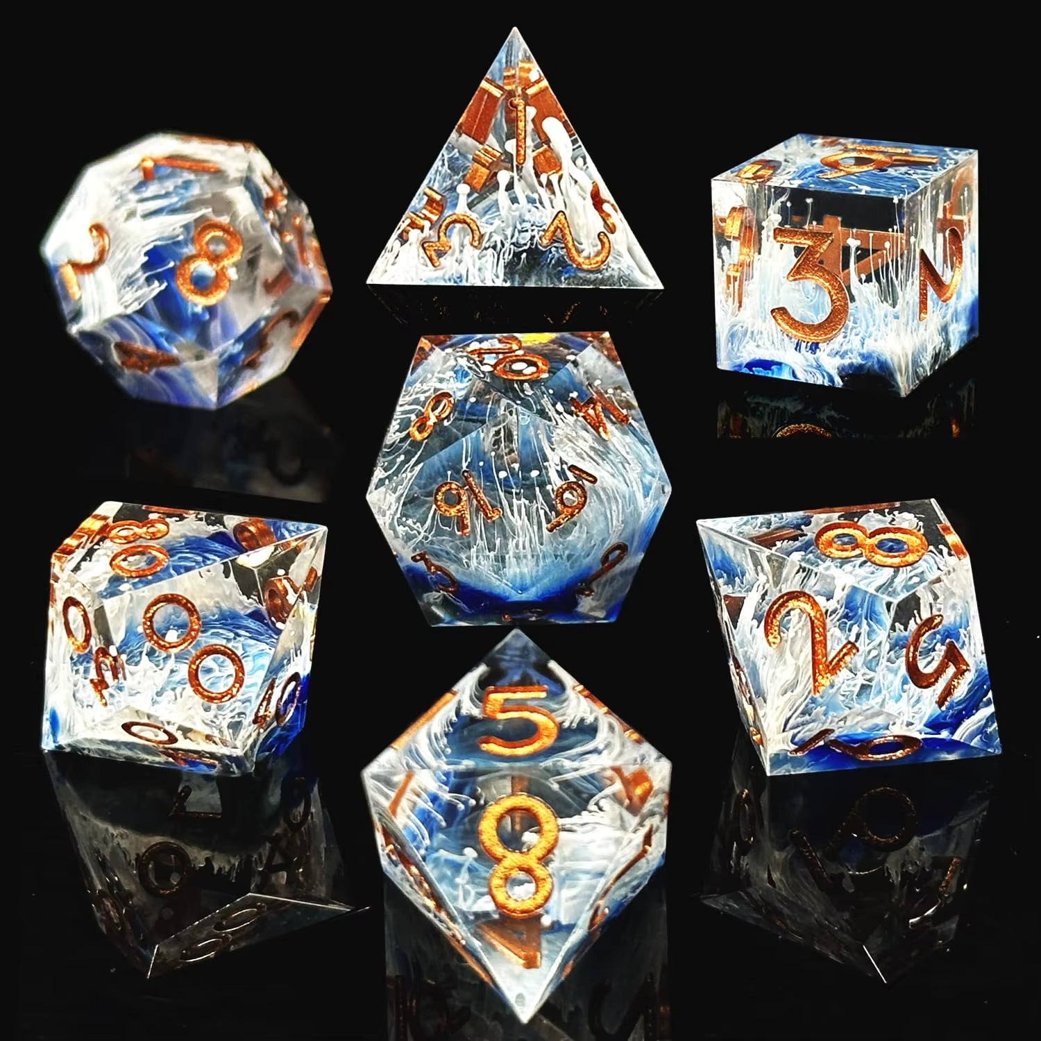 7Pcs Semi-Transparent Handmade Resin Polyhedral Dice Set for Dnd, RPG Board Games - Includes D20, D12, D10, D8, D6, D4