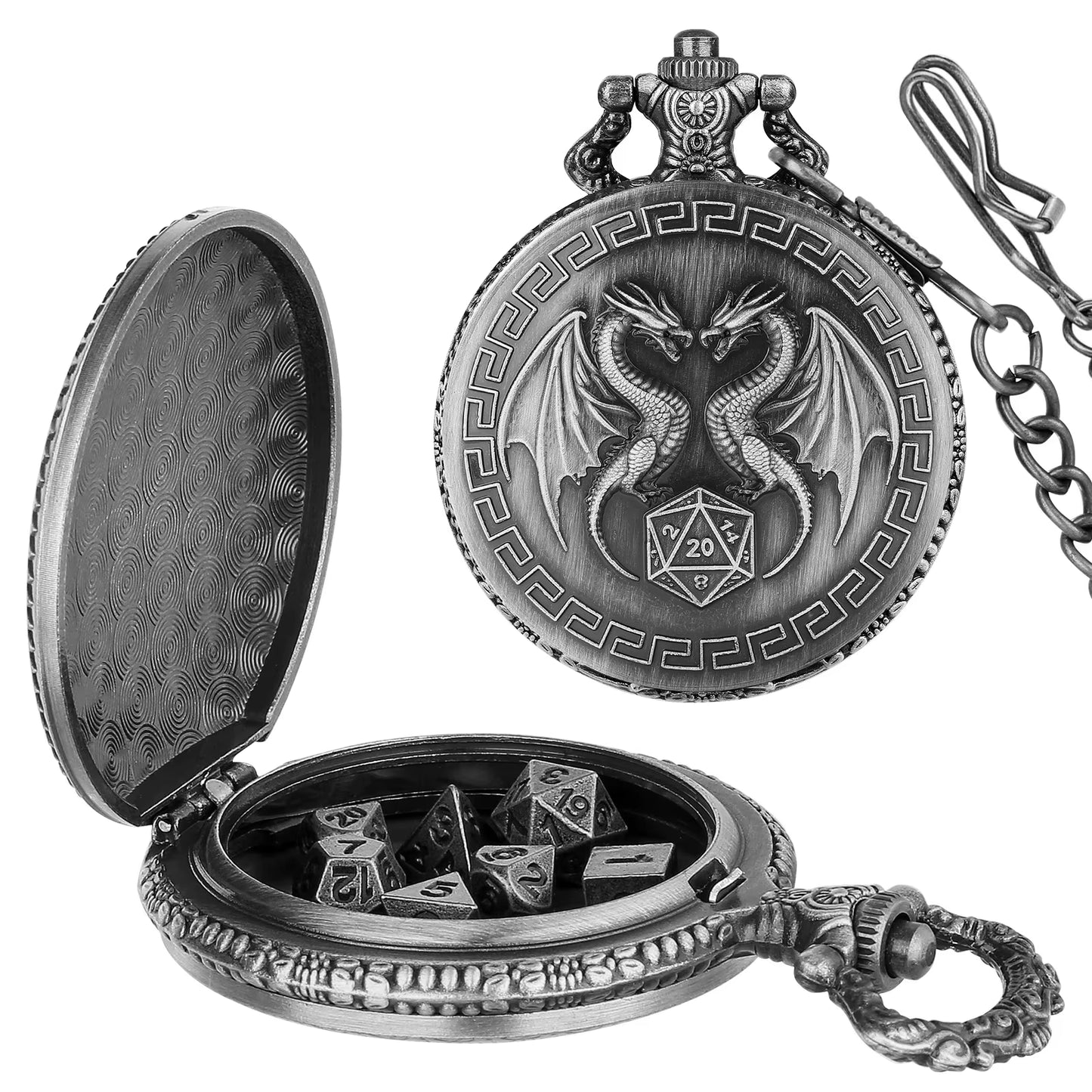 Dragon Pocket Watch Case with 7 Metal Polyhedral Dice - Retro Flip Dinosaur Jewelry Case for DND Adventures