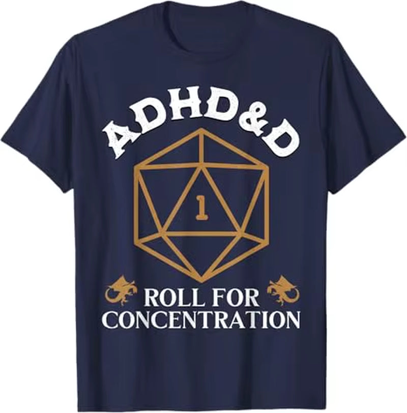 Vintage ADHD&D Concentration T-Shirt for Gamers - Funny D&D Graphic Tee for Men and Women - Polyester - تيشرتات نسائي ورجالي دي اند دي بوليستير