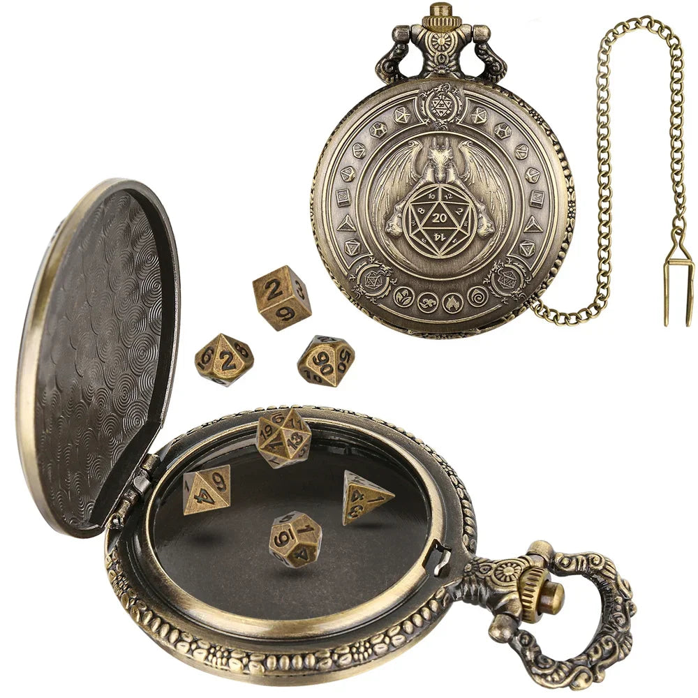 Steampunk Warlock Mini DND Dice Set - 7Pcs Polyhedral Metal Dice with Pocket Watch Shell Case for Dungeons & Dragons