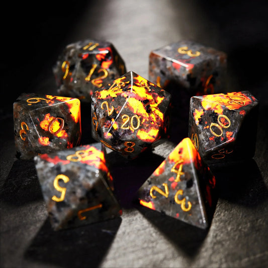 7-Piece Volcanic Rock Flame Stone Dice Set for D&D & RPG - Multi-Sided Polyhedral Gaming Dice - نرد دي اند دي 7 قطع بشكل بركاني