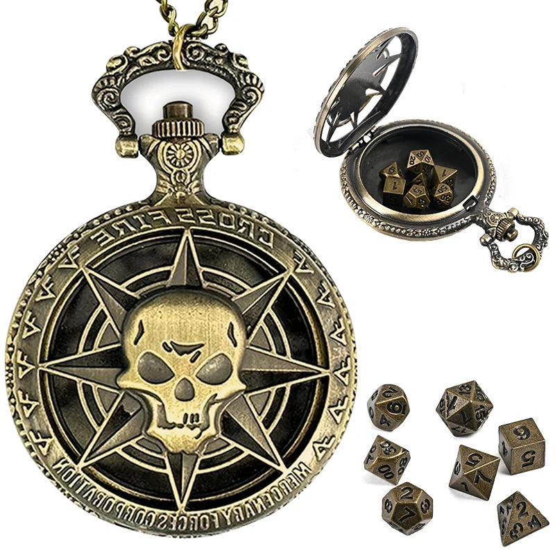 7Pcs D&D Mini Metal Dice with Pocket Watch Case - نرد دي اند دي معدني في علبة على شكل ساعة جيب