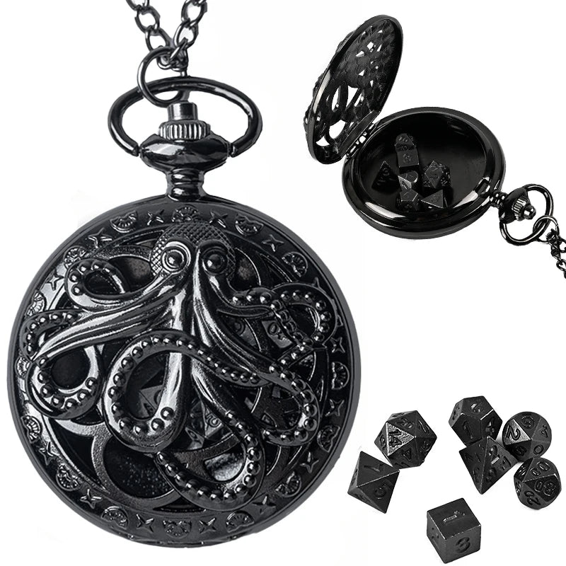 7Pcs D&D Mini Metal Dice with Pocket Watch Case - نرد دي اند دي معدني في علبة على شكل ساعة جيب