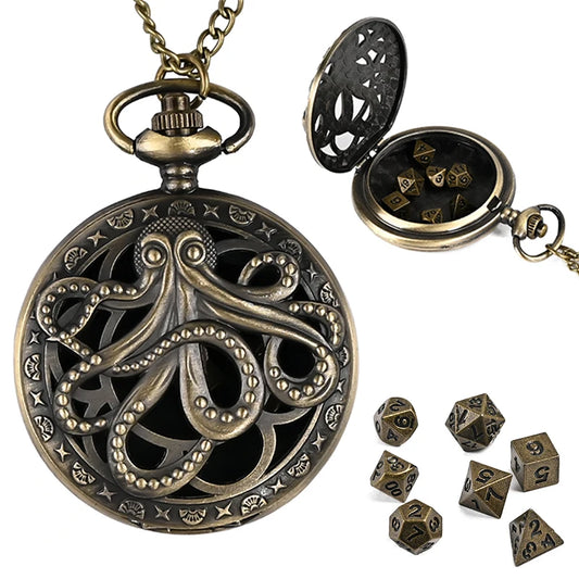 7Pcs D&D Mini Metal Dice with Pocket Watch Case - نرد دي اند دي معدني في علبة على شكل ساعة جيب