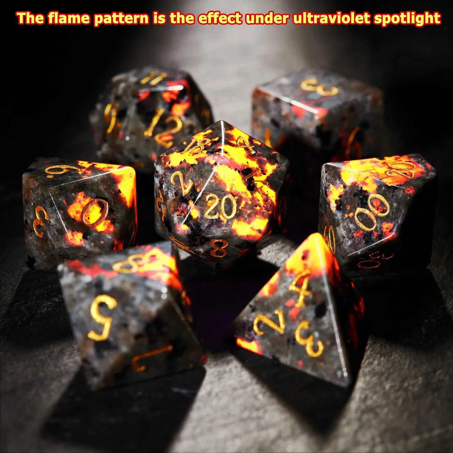 7-Piece Volcanic Rock Flame Stone Dice Set for D&D & RPG - Multi-Sided Polyhedral Gaming Dice - نرد دي اند دي 7 قطع بشكل بركاني