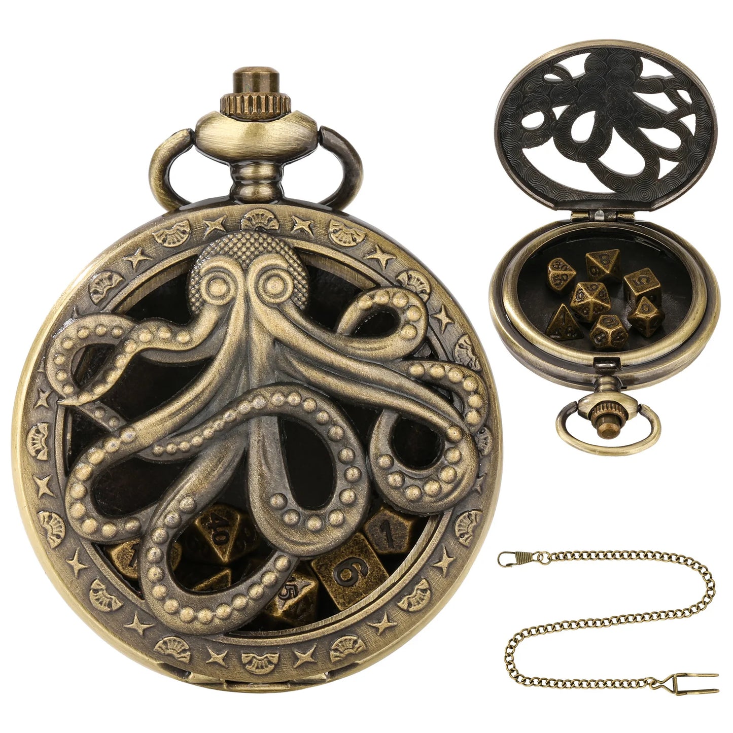 Octopus Metal Dice Case Vintage Cthulhu Pocket Watch DND Dice One Eyed Octopus Pocket Watch Box Dice for Role Playing Games