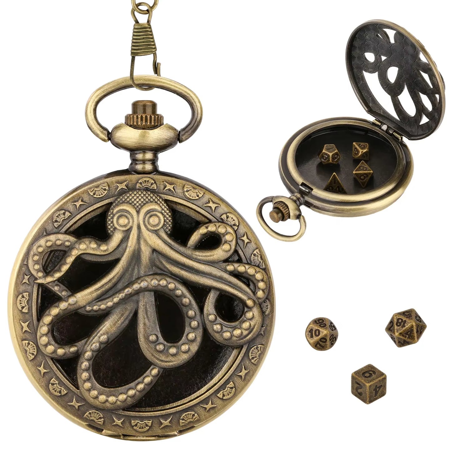 Dragon Pocket Watch Case with 7 Metal Polyhedral Dice - Retro Flip Dinosaur Jewelry Case for DND Adventures