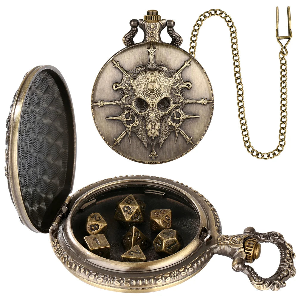 Steampunk Warlock Mini DND Dice Set - 7Pcs Polyhedral Metal Dice with Pocket Watch Shell Case for Dungeons & Dragons