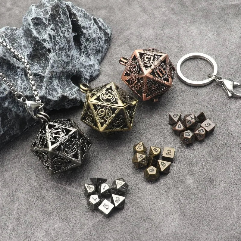 Antique Iron Mini Metal DND Dice Set with D20 Necklace and Portable Keychain Case – Perfect for Gamers!