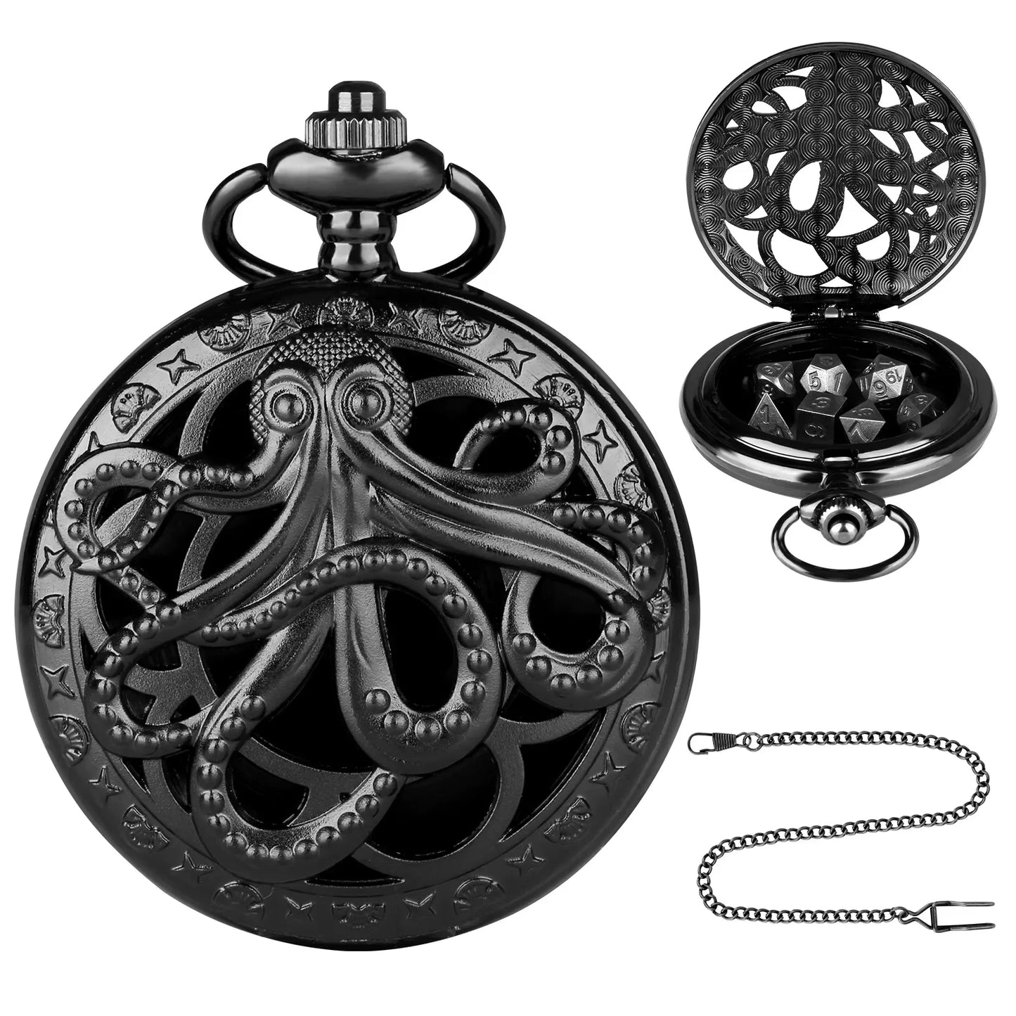 Octopus Metal Dice Case Vintage Cthulhu Pocket Watch DND Dice One Eyed Octopus Pocket Watch Box Dice for Role Playing Games