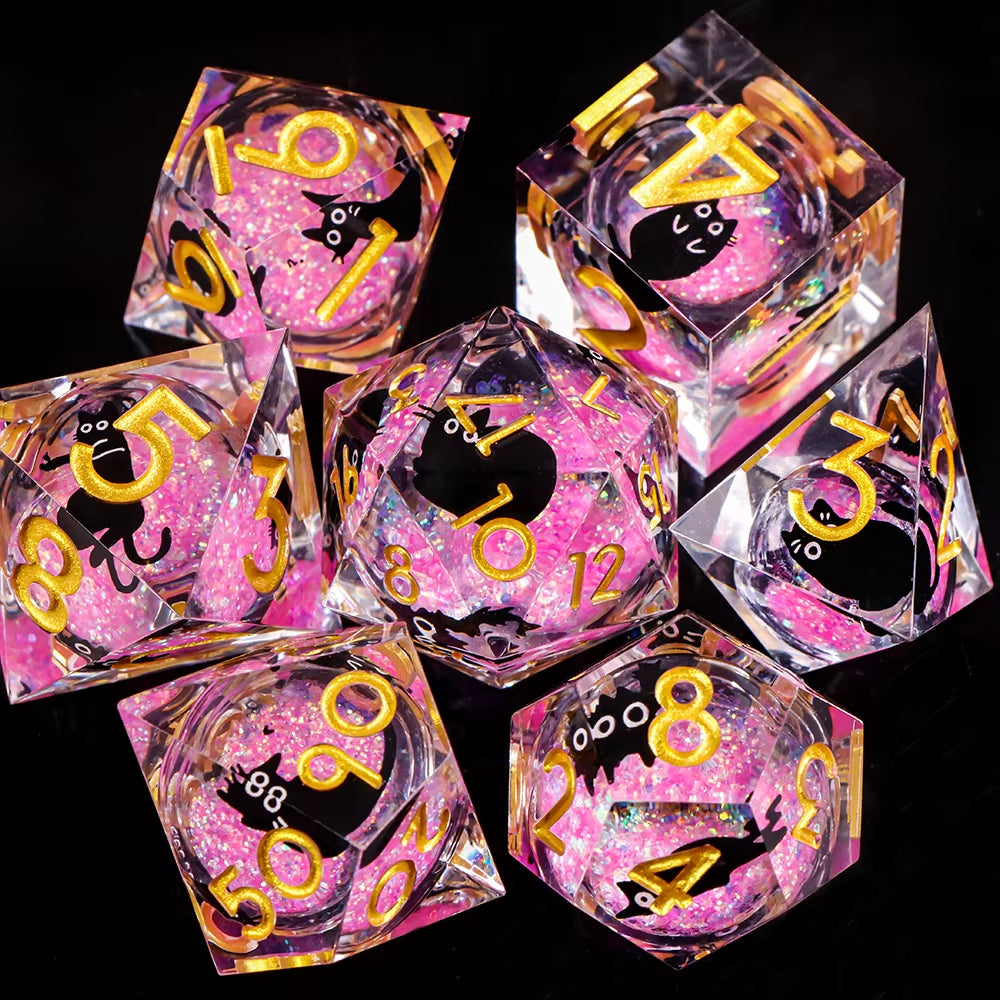 Galactic Cat Dice Set Liquid Core Sharp Edge Resin D&D Dice - نرد دي اند دي