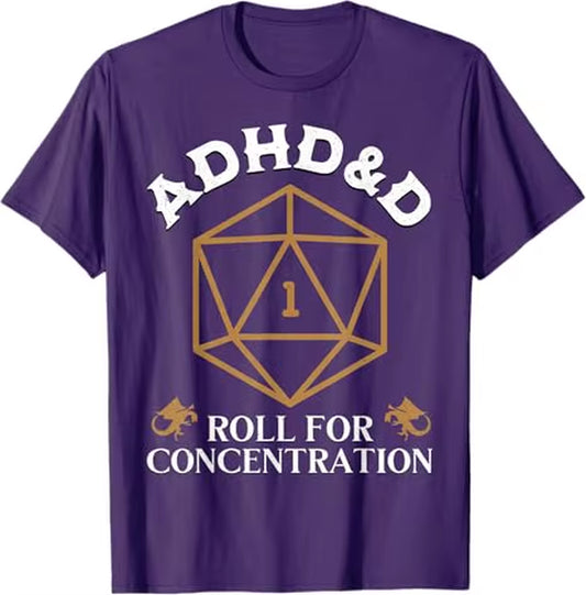 Vintage ADHD&D Concentration T-Shirt for Gamers - Funny D&D Graphic Tee for Men and Women - Polyester - تيشرتات نسائي ورجالي دي اند دي بوليستير