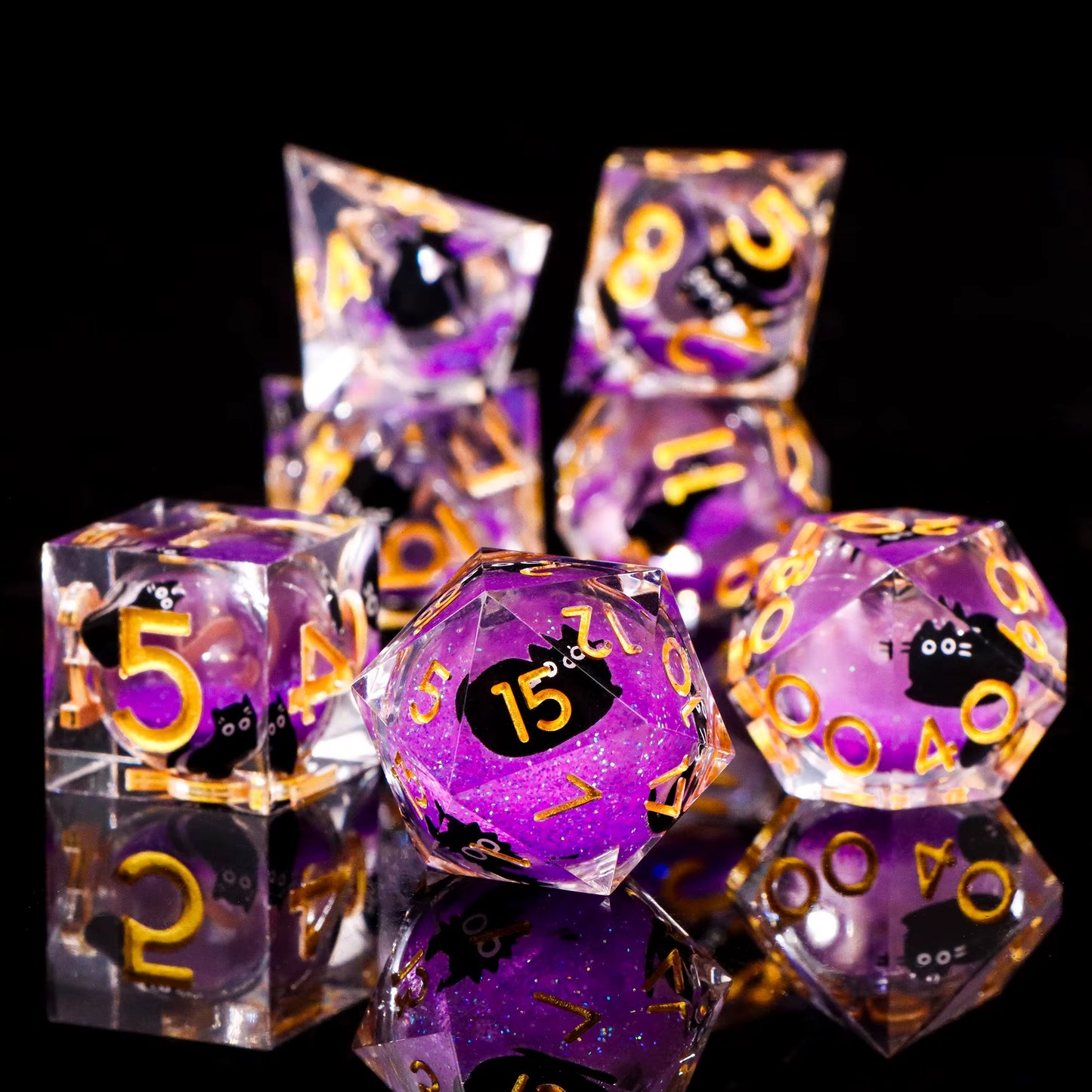 Galactic Cat Dice Set Liquid Core Sharp Edge Resin D&D Dice - نرد دي اند دي