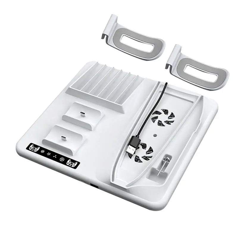 PS5 Slim Vertical Stand with Controller Charging Dock and Cooling Fan - Essential Accessory for PlayStation 5 Console - حامل عمودي لجهاز بلايستيشن 5 مع قاعدة شحن يد التحكم ومروحة تبريد