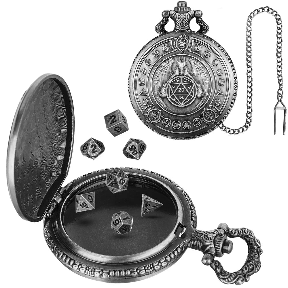 Steampunk Warlock Mini DND Dice Set - 7Pcs Polyhedral Metal Dice with Pocket Watch Shell Case for Dungeons & Dragons