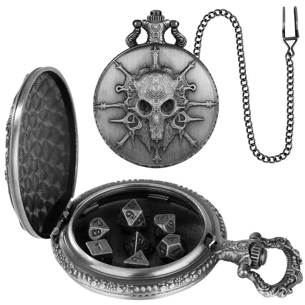 Steampunk Warlock Mini DND Dice Set - 7Pcs Polyhedral Metal Dice with Pocket Watch Shell Case for Dungeons & Dragons
