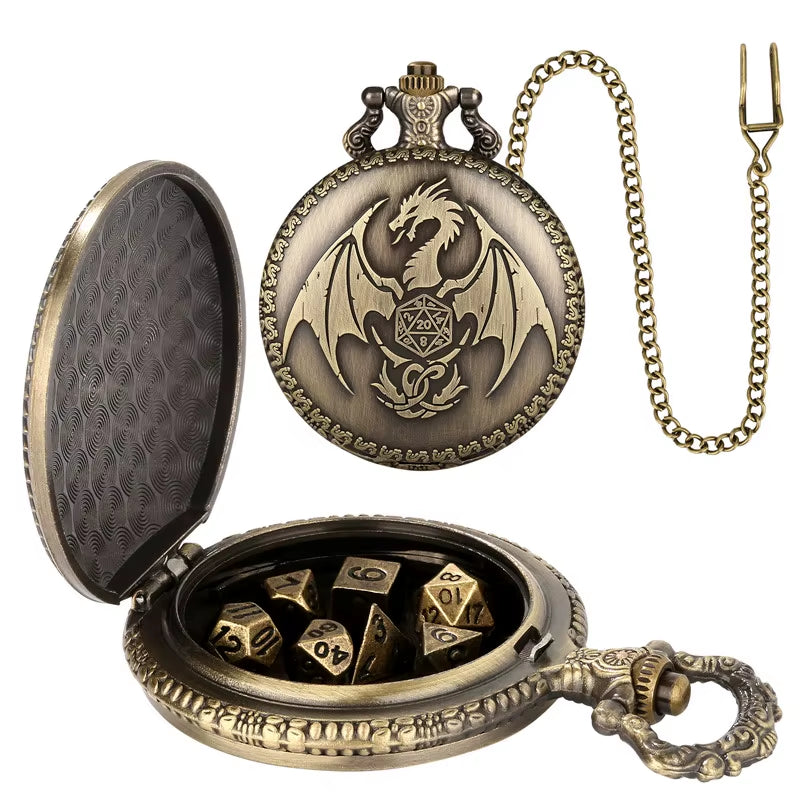 Dragon Pocket Watch Case with 7 Metal Polyhedral Dice - Retro Flip Dinosaur Jewelry Case for DND Adventures