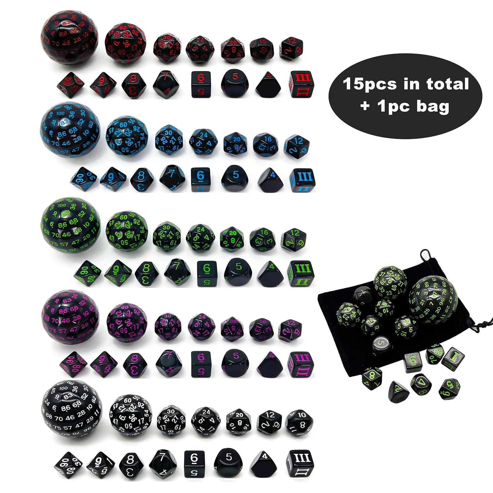 Polyhedral Dice Set for D&D 15 Acrylic Dice (D3-D100) - نرد دي اند دي