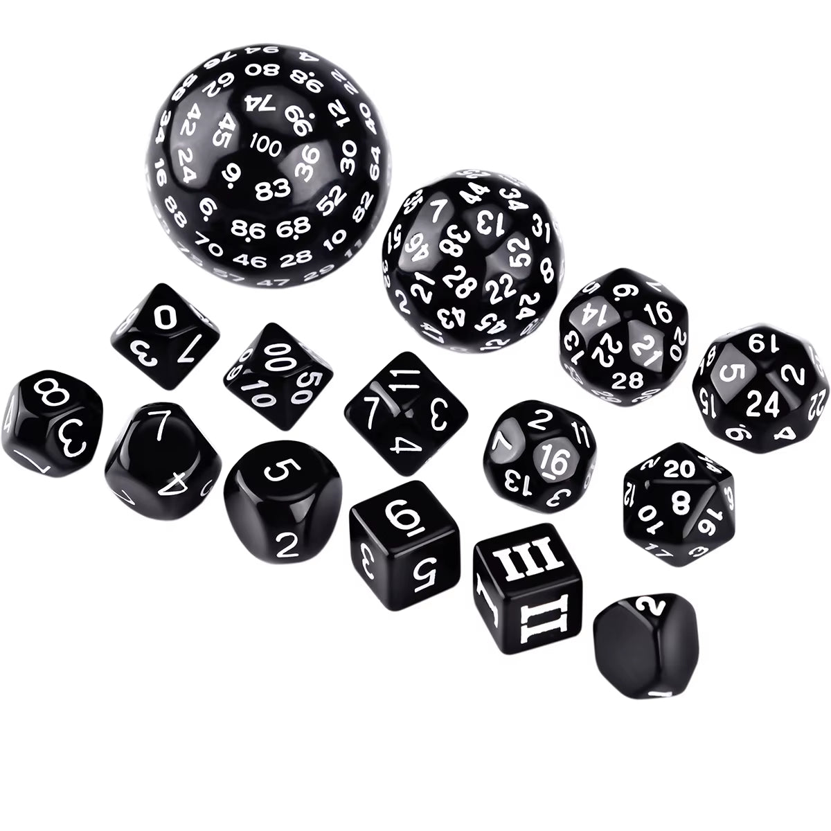 Ultimate D3-D100 Black Polyhedral 15 D&D Dices - مجموعة كاملة نرد دي اند دي
