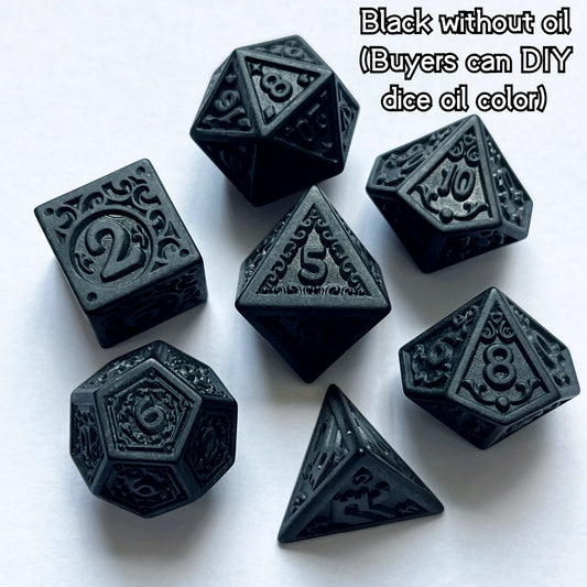 7 Pcs Kit of Polyhedral 20 Face Carved Vintage Retro Pattern DIY Color Number Dice Set D4 D6 D8 D10 D% D12 D20 for DND TRPG Game