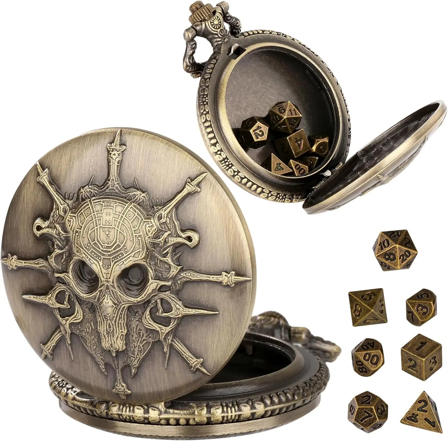 Steampunk Warlock Mini DND Dice Set - 7Pcs Polyhedral Metal Dice with Pocket Watch Shell Case for Dungeons & Dragons