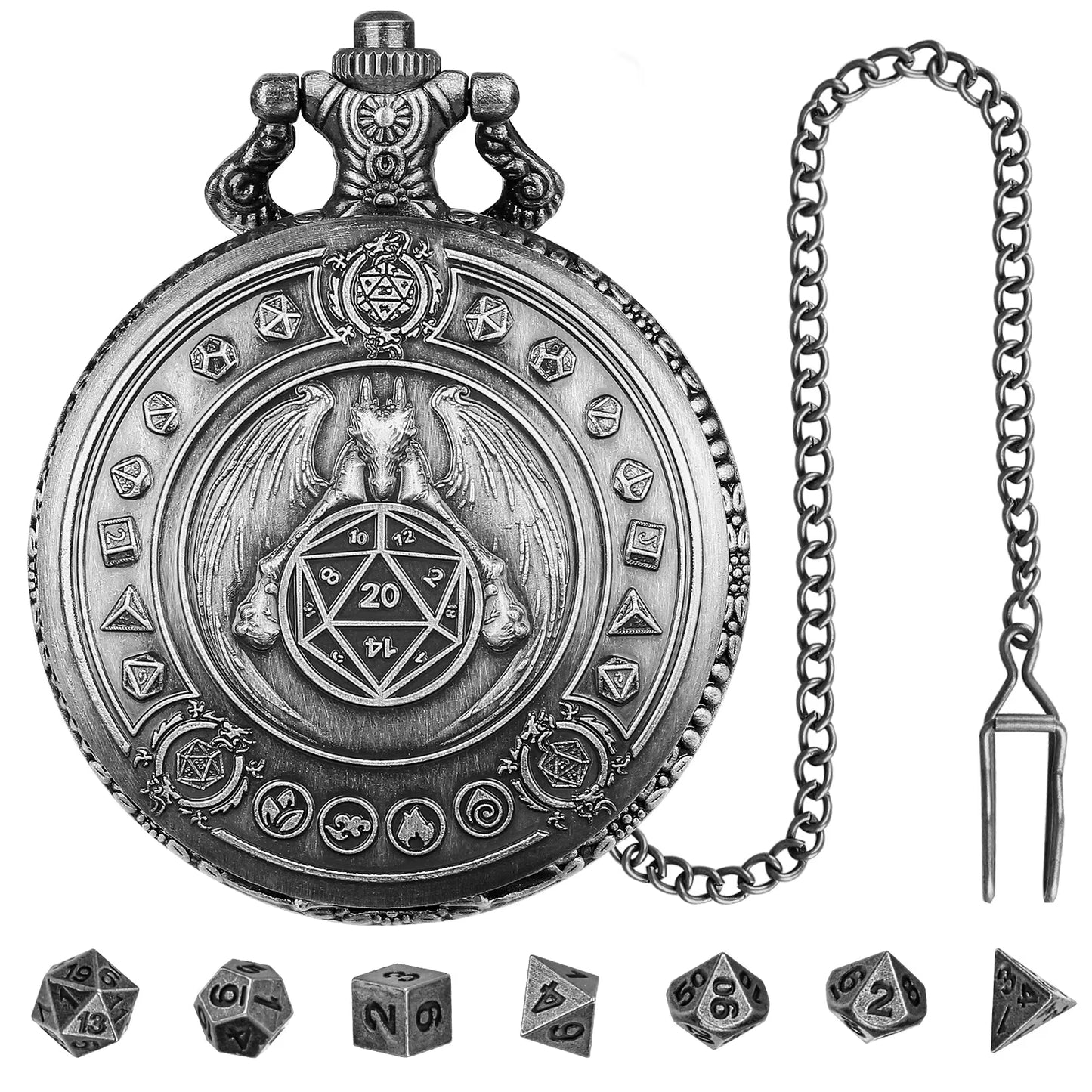 Dragon Pocket Watch Case with 7 Metal Polyhedral Dice - Retro Flip Dinosaur Jewelry Case for DND Adventures