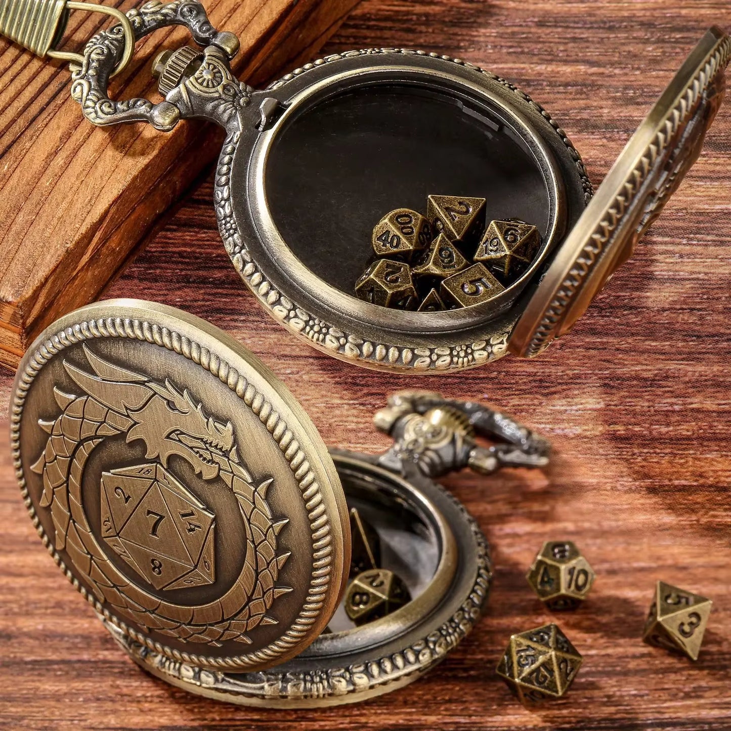 Dragon Pocket Watch Case with 7 Metal Polyhedral Dice - Retro Flip Dinosaur Jewelry Case for DND Adventures