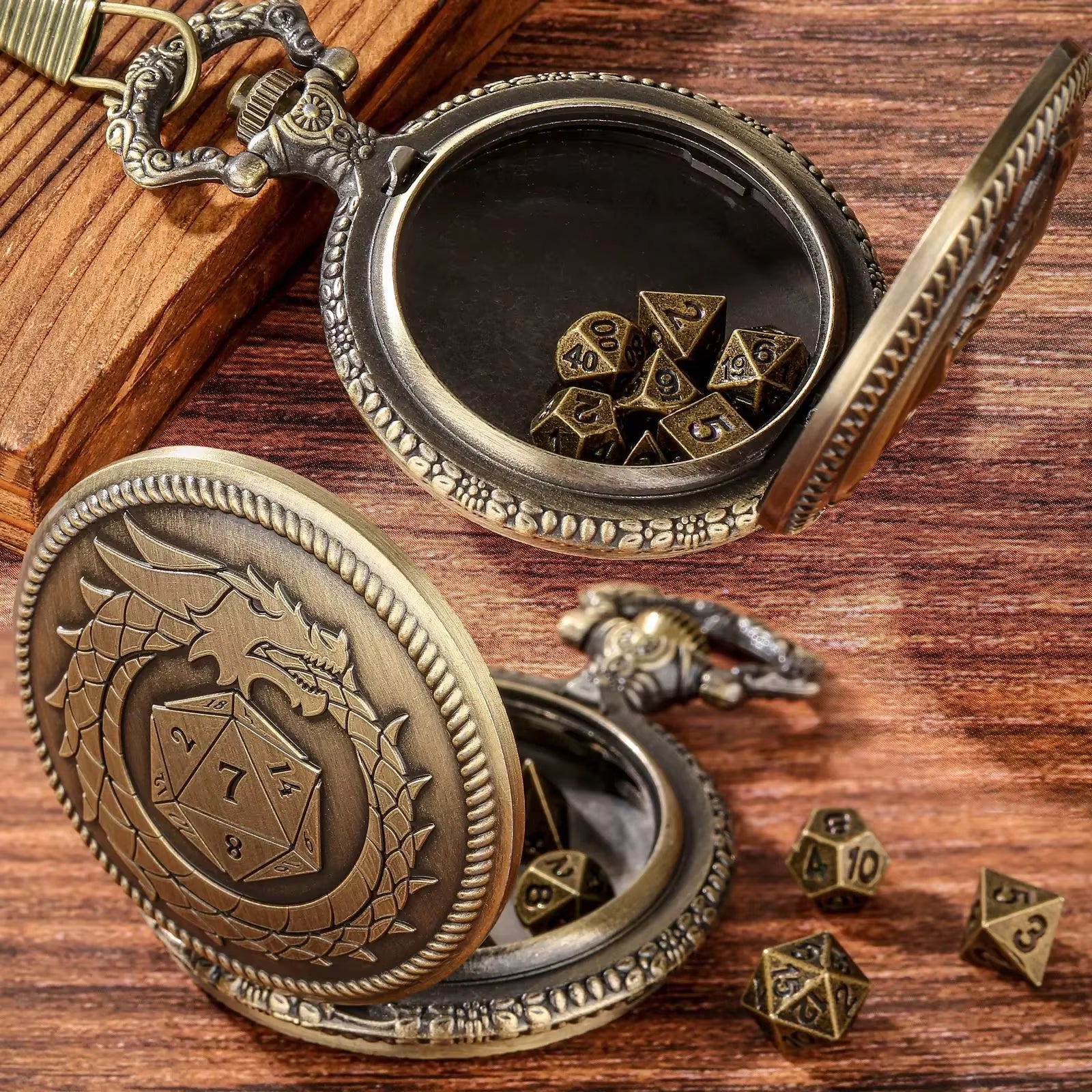 Dragon Pocket Watch Case with 7 Metal Polyhedral Dice - Retro Flip Dinosaur Jewelry Case for DND Adventures