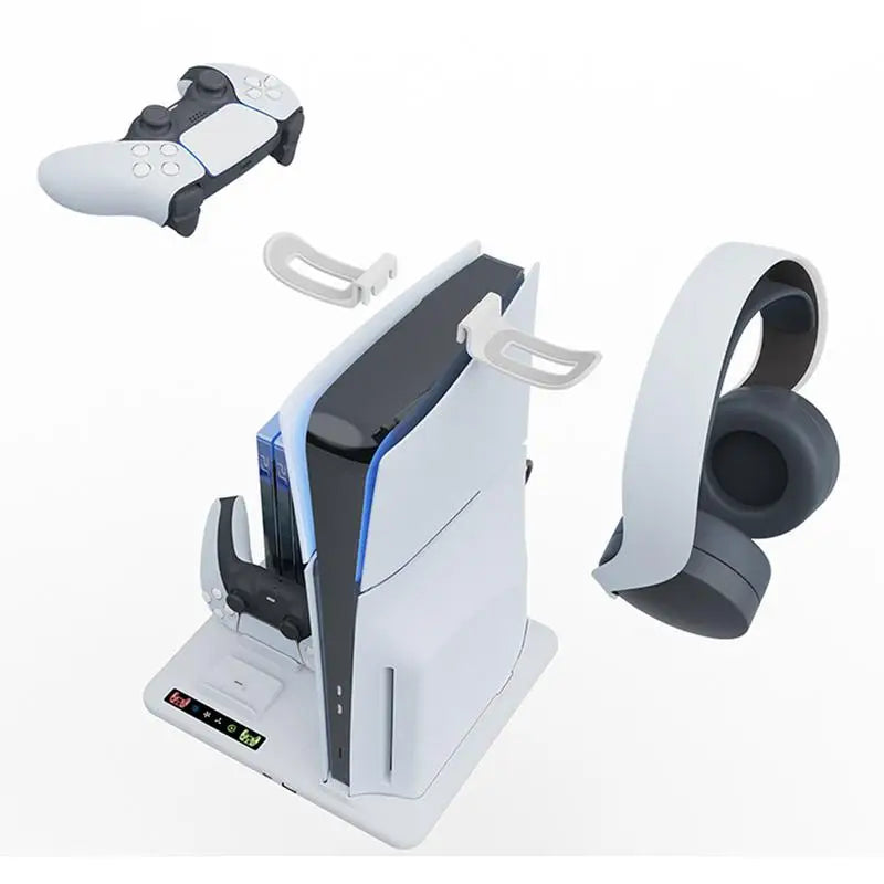 PS5 Slim Vertical Stand with Controller Charging Dock and Cooling Fan - Essential Accessory for PlayStation 5 Console - حامل عمودي لجهاز بلايستيشن 5 مع قاعدة شحن يد التحكم ومروحة تبريد