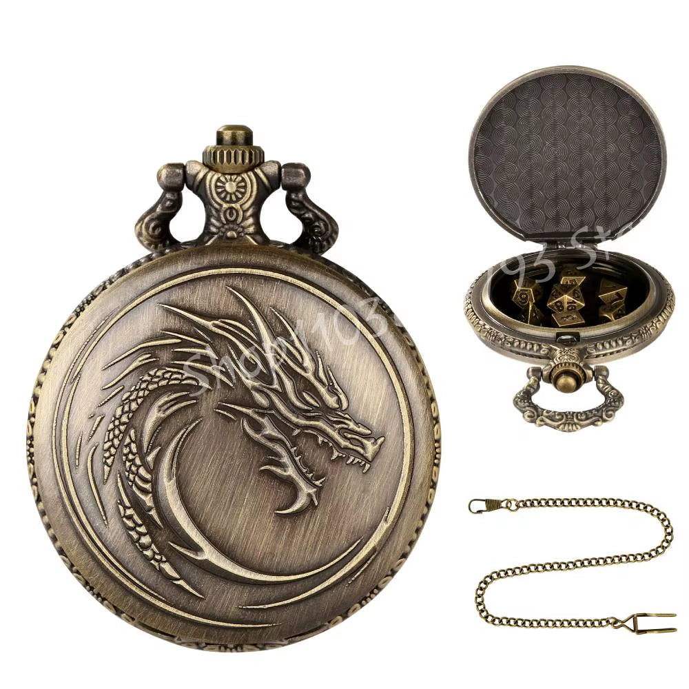 Dragon Pocket Watch Case with 7 Metal Polyhedral Dice - Retro Flip Dinosaur Jewelry Case for DND Adventures