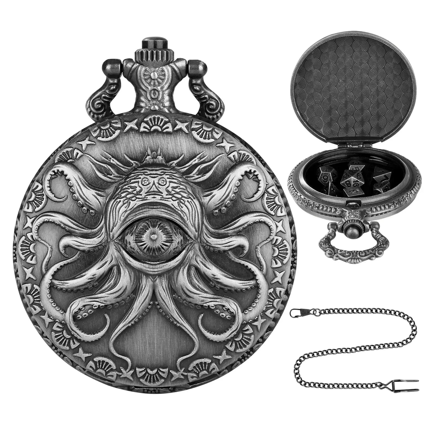 Octopus Metal Dice Case Vintage Cthulhu Pocket Watch DND Dice One Eyed Octopus Pocket Watch Box Dice for Role Playing Games