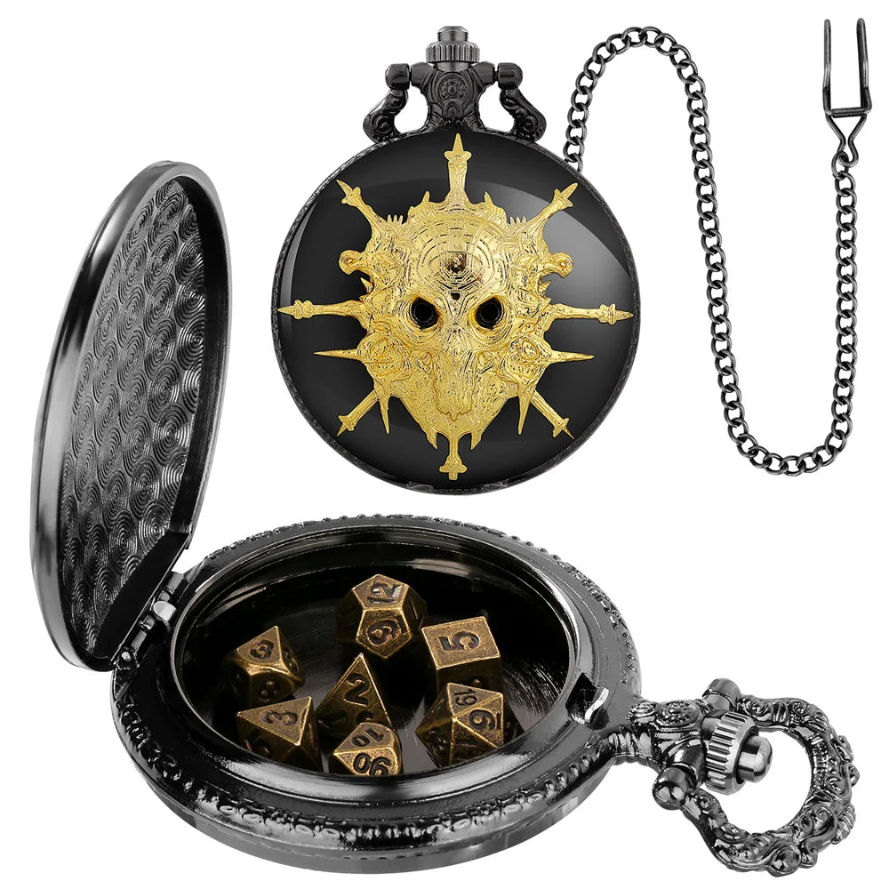 Steampunk Warlock Mini DND Dice Set - 7Pcs Polyhedral Metal Dice with Pocket Watch Shell Case for Dungeons & Dragons