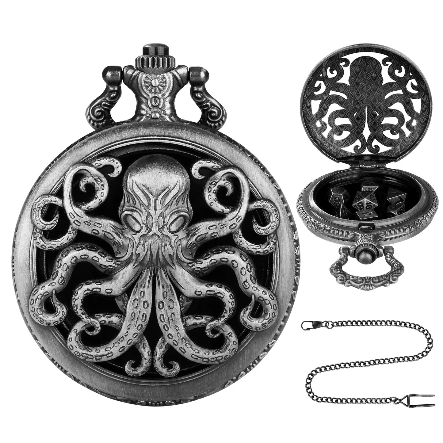 Octopus Metal Dice Case Vintage Cthulhu Pocket Watch DND Dice One Eyed Octopus Pocket Watch Box Dice for Role Playing Games
