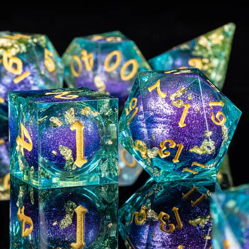Galaxy Sharp Edge Liquid Core Dice Set for Dungeons and Dragons - D20 Resin Dice for Epic Adventures