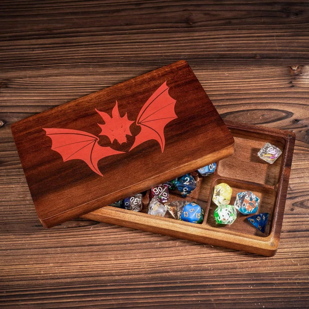 2 in 1 Rectangle Wooden Dice Case & Dice Tray Bat Pattern Box Dice Holder for DND Game Dice Set, D&D, RPG, Tabletop Games